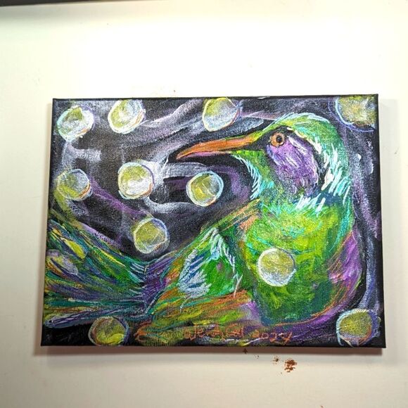 Wendy Gell Art Bird Painting, #1 Green Bird with bubbles.